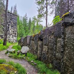 An avalanche knocked over this trestle (and presumably the tracks)