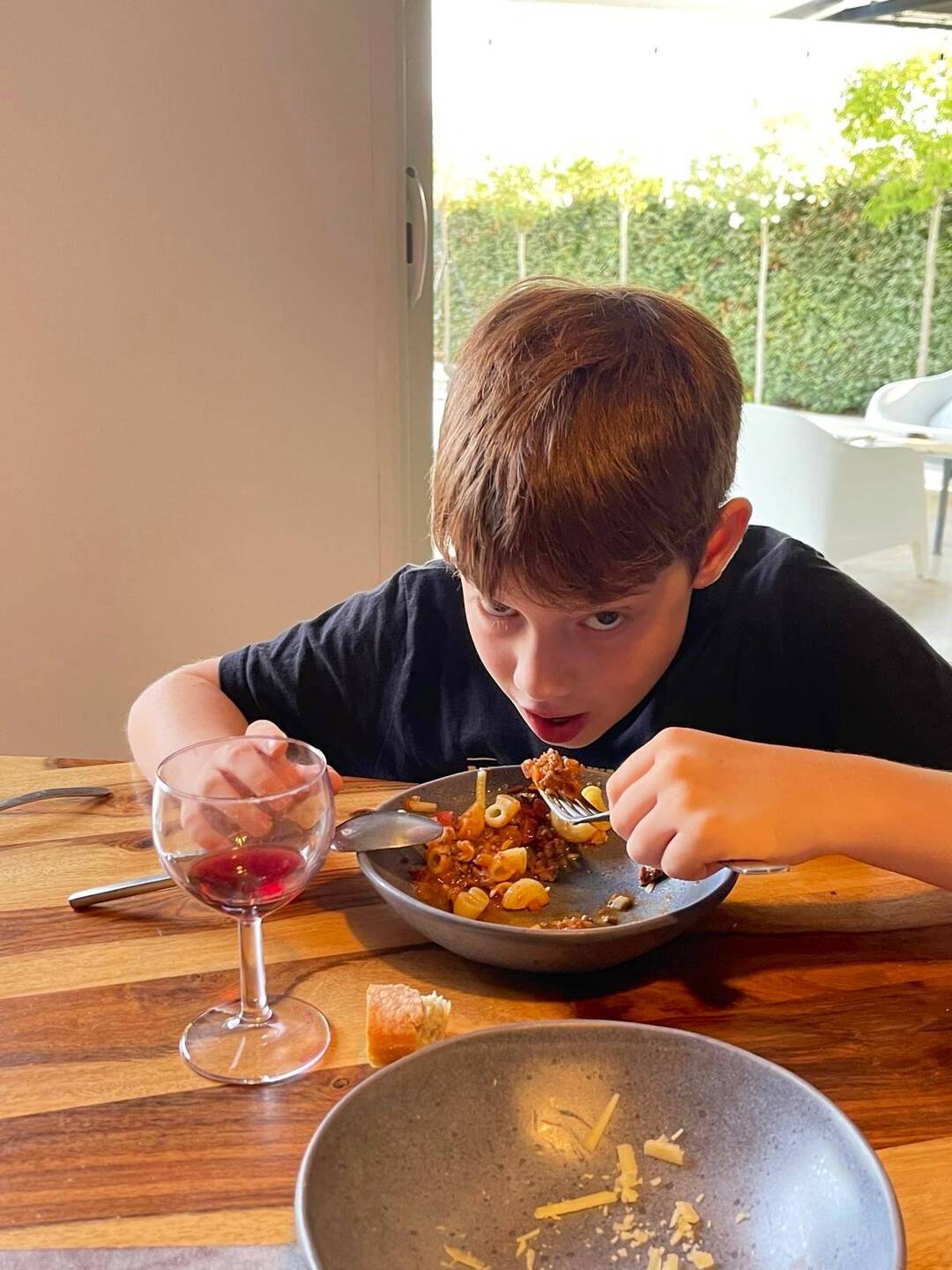Daddy's choice of red went exceedingly well with the pasta