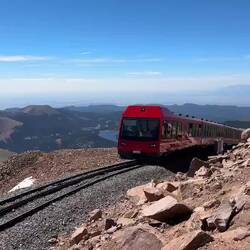 Toot, toot! The Cog Railway arriving at the summit of Pikes Peak.