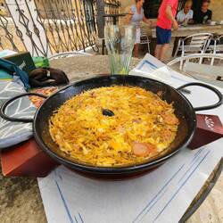 lunch time: paella with noodles, cheese, and meat