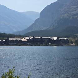 The Many Glacier Hotel from across the lake at about where the grizzlies were getting a drink