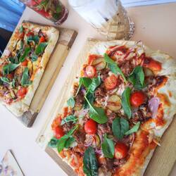 Vegan Burger Pizza with Roasted Hazelnut Latte