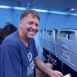 Jeff on the Honolulu to Los Angeles flight, ready to go!