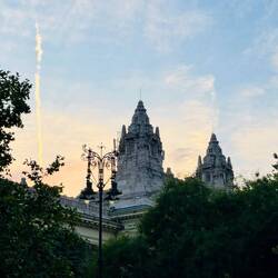 Church towers against the evening sky