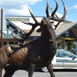 Bronze statues of mule deer abound around this town