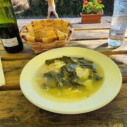 Traditional Galician Soup: cabbage? (like vine leaves), potatoes, white beans