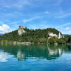 View of Bled Castle from the shore of Lake Bled
