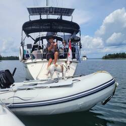 Last Resort was anchored ahead of us. Their dog is such a character