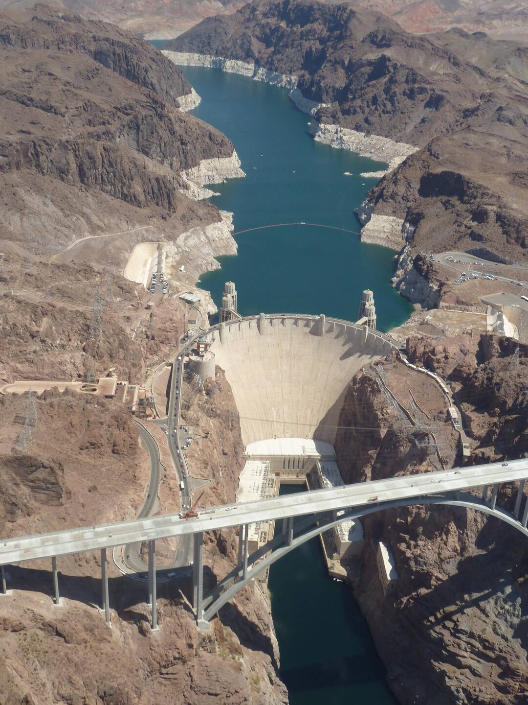 Lake Mead - Hoover Dam and showing the new bridge span built to keep traffic above the dam itself