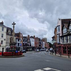 A mix of buildings on the high street but it seemed crowded with the busy road and narrow pavements.