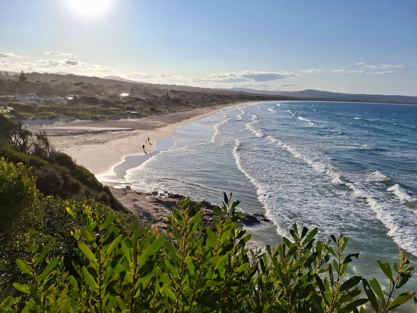 Pambula Beach - caravan Park to the left, sheltered by vegetation