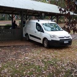 Raining at Bendalong, so backed the van into the camp kitchen to have breakfast and load