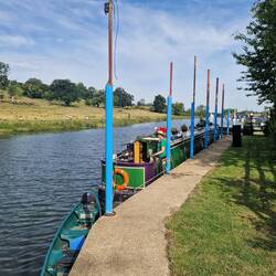 Filling with water at the start of the cruise. The blue posts indicate visitor moorings.