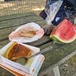 Frühe Mittagspause Quiche, Kekse und Melone vom Markt. Die rollt mir nicht weg.