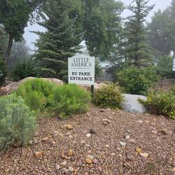On our way out of the Little America RV park this morning. Note the fog!