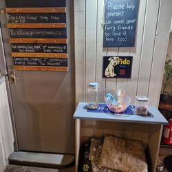 The doggy station at the Millers Arms with beds, toys, bowl and treats