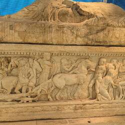 A sarcophagus showing scenes from the Iliad at the archaeological museum.