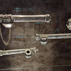 A silver pen and inkwell set at the Silversmithing Museum