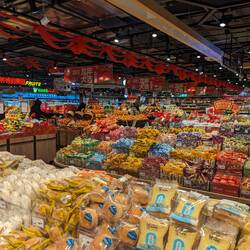 Inside a Chinese supermarket. Lots of plastic packaging.