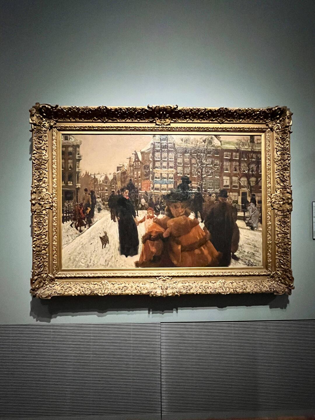 Of Amsterdam with imagined people, especially photographic in design, but painted