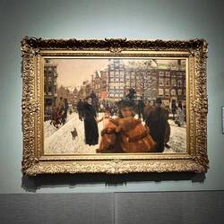 Of Amsterdam with imagined people, especially photographic in design, but painted