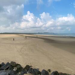 Empty beach next to shipping port