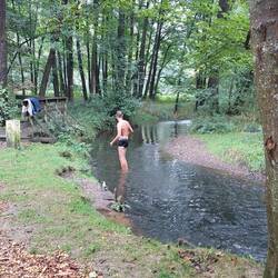 Der Junge nimmt gerade im Grenzflüsschen Regnitz sein Morgenbad!