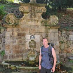 Fountain in the park. Jack was a sport to pose for a photo when his leg was hurting.