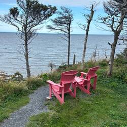 Parks Canada red chairs at the site of the wreck of the SS Ethie