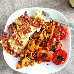 Rührei mit frischen Pfifferlingen, Grilltomate und Bacon. Mehr geht nicht.