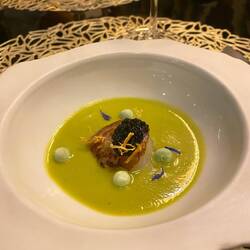 Plato 3: vieira gratinada con crema de guisantes