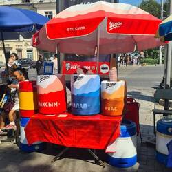 Stalls selling kymyz, which is fermented mare's milk. It's the national dish and is sold everywhere