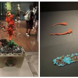 The Green is Jade, red is coral, and the blue is from bird feathers