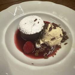 And for dessert, lava cake, raspberry yumminess with a scoop of ice cream!