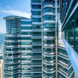 View of one of the towers from the Sky Bridge ... Petronas Twin Towers — Kuala Lumpur, Malaysia.