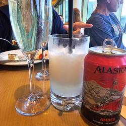 First ship drinks! Champagne and Alaskan Amber!