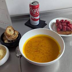 Creamy squash soup and raspberry tart