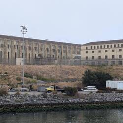 Prisoners out in yard at San Quentin.