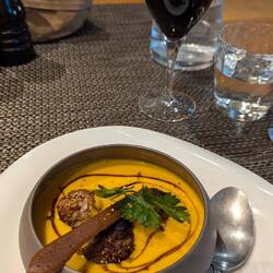 Pumpkin soup with lamb meatballs