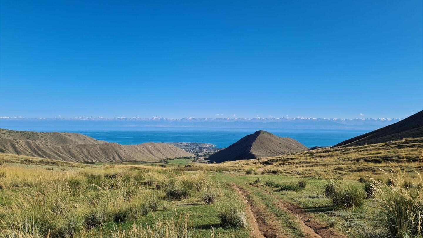 View of the mountains across lake Issyk-Kul