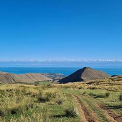 View of the mountains across lake Issyk-Kul