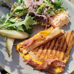 Pastrami Cheddar Sandwich mit gesalzenem Gemüse und Senf