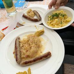 Grilled sausages, sauerkraut, and potato salad!