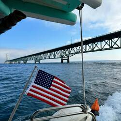 We are now in Lake Michigan. Mackinac Bridge 1957 and 5 miles long