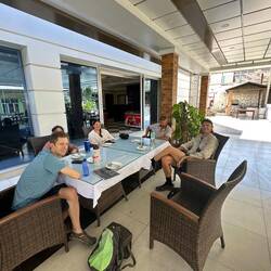 Stopping for lunch. You can see Ed, Lisa James and not Becky whose head is obsured! And our driver