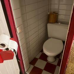 Paused for lunch - tiniest bathroom ever. I could barely fit in