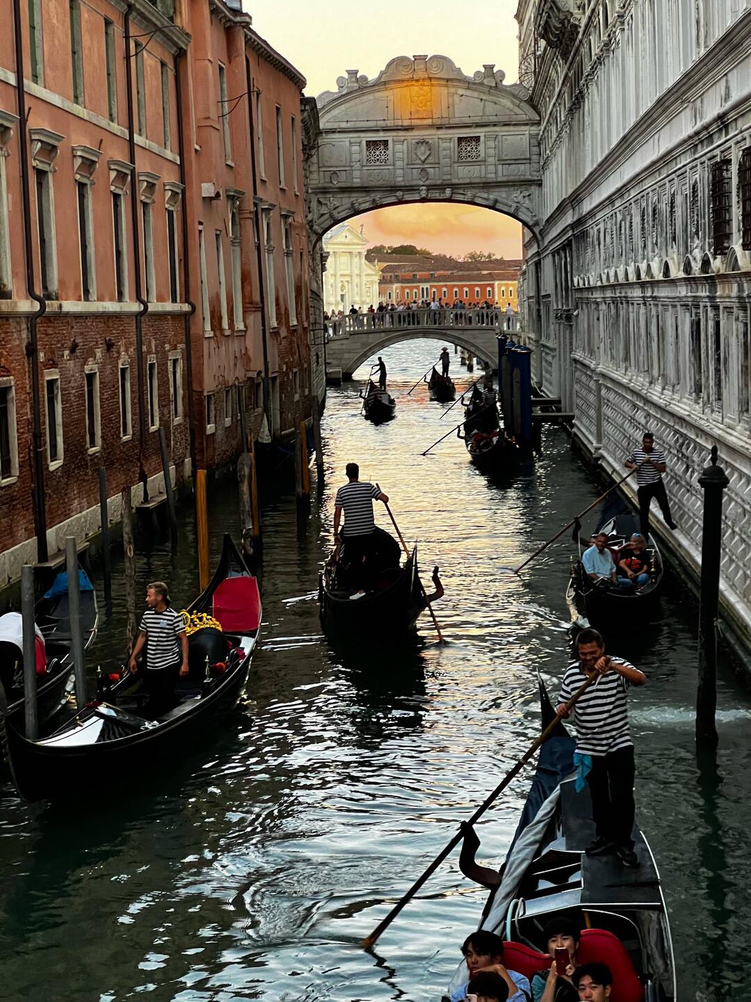 Gondoliers making their way past the Bridge of Sighs.