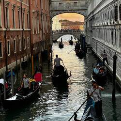 Gondoliers making their way past the Bridge of Sighs.
