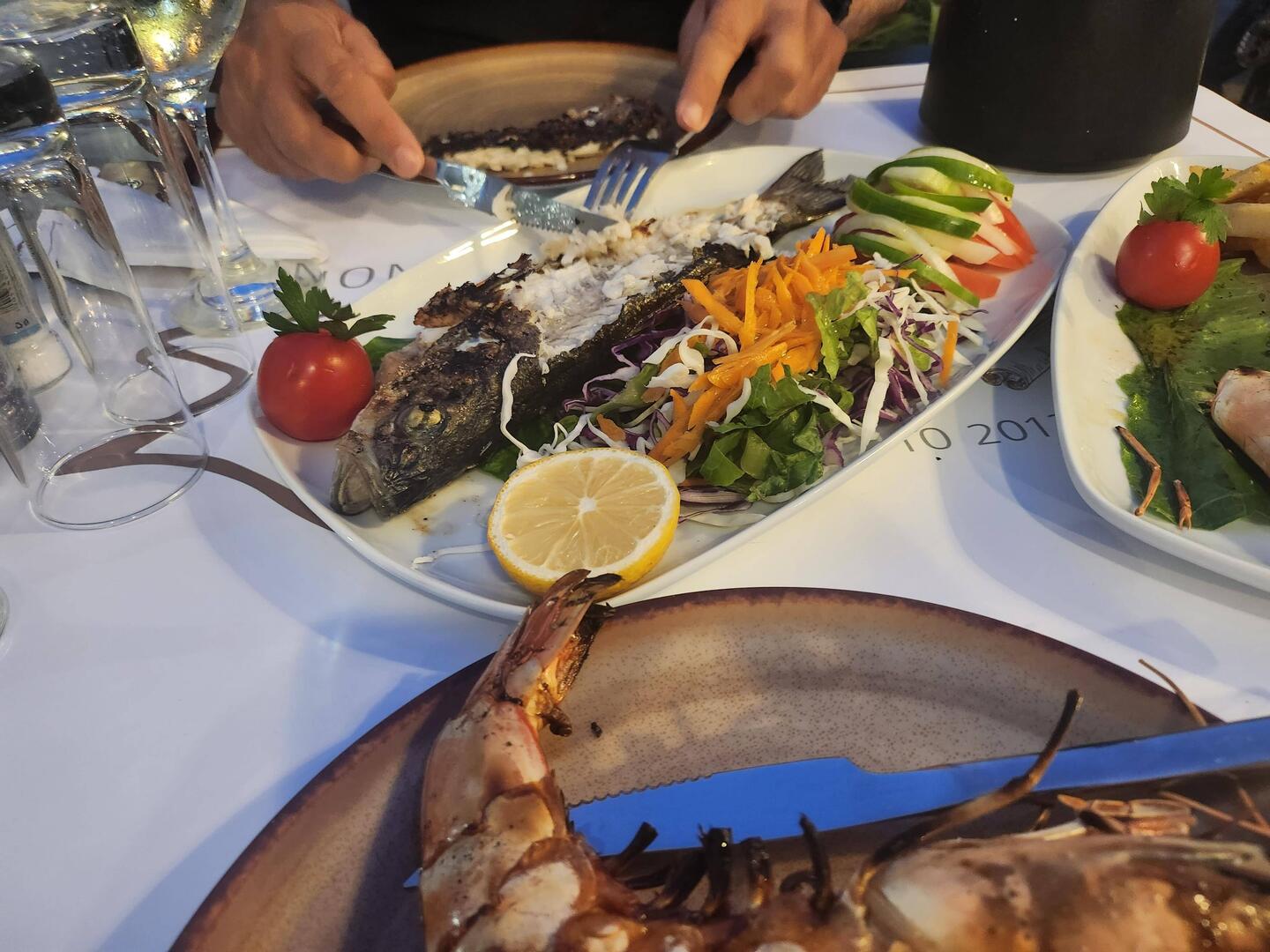 Whole Sea Bass and large shrimp