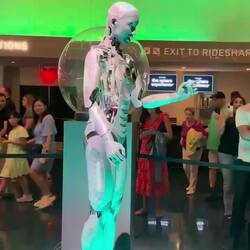 Robot in the sphere. Was pretty accurate and interactive when answering questions from the crowd.